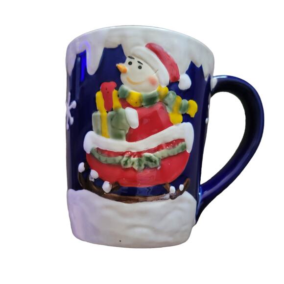 Christmas, Winter, Holiday Mugs Cups Set of 4 One Red One Blue One Tan One Green - Picture 4 of 12